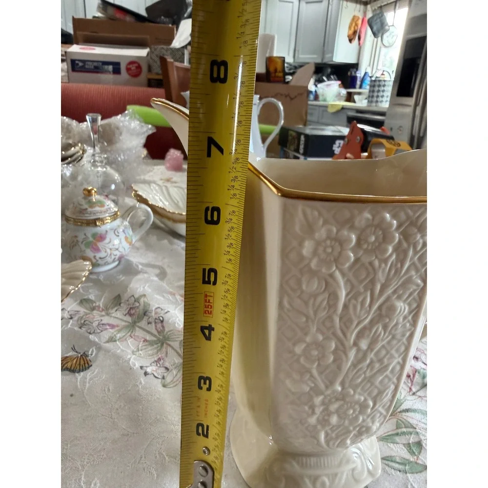 Lenox Carolina Pitcher Ivory China 24K Gold Trim Raised Floral Trellis USA 7.5